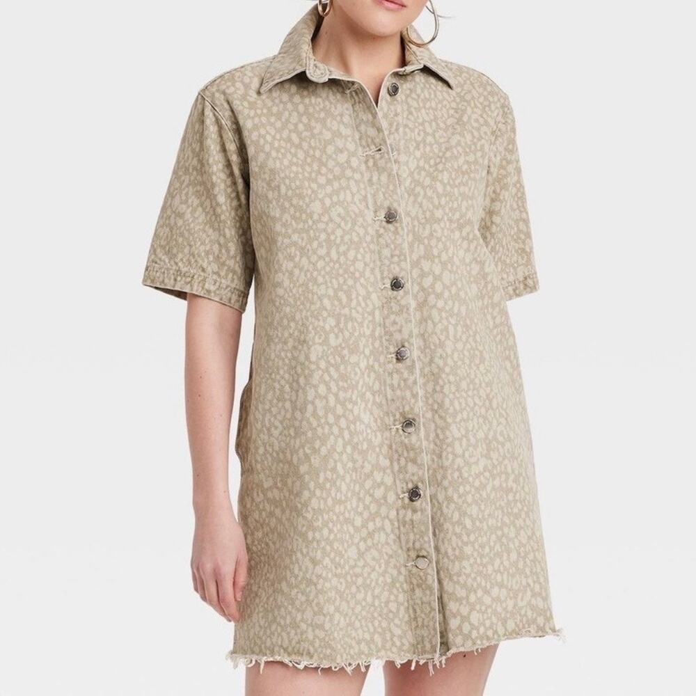 UNIVERSAL THREAD | Women's Leopard Denim Mini
Shirtdress Taupe Cream | Size XXL - Picture 1 of 8